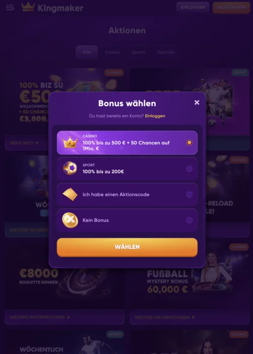 Kingmaker Casino Registrierung